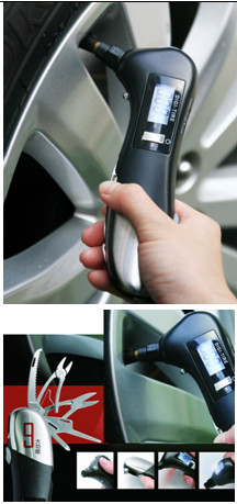Quality tire gauge with LED flashlight & emergency hammer . wholesale