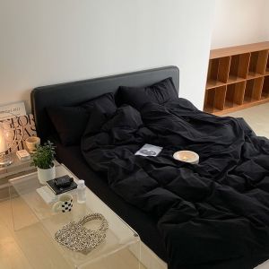 1.2m 4 feet King-Size Bedding Set in Solid Black Washed Cotton with Matching