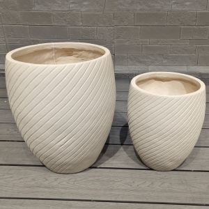 Cylindrical Shape Neutral Beige Fiber Clay Planter Evenly Spaced Ridges Pattern