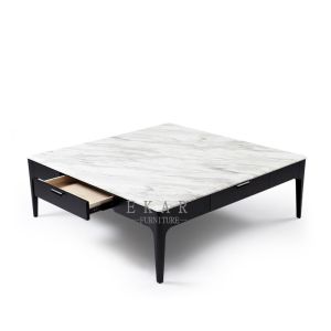 Square Ash Wood Frame White Marble Top Center Modern Coffee Table with Drawer