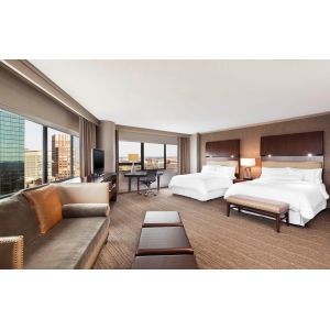 China Hotel Room Large Bedroom Walnut wood King size Bed Luxury Nightstand and Marble top Writing Desk with Lounge sofa set on sale