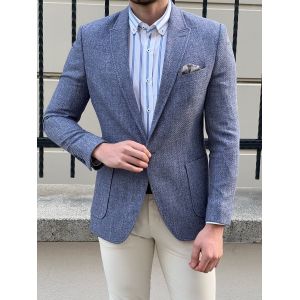 Slim Fit Self Patterned Blue Business Casual Blazer Outfit