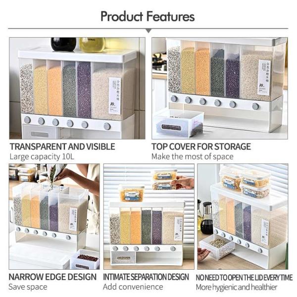 Transparent Wall Mounted 6 Grid Cereal Dispenser With Measuring Cup