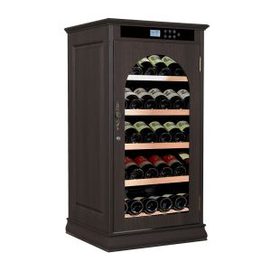 China Freestanding Black Wooden Wine Cooler Cabinet with Elegant Arched Glass Door and Climate Control Technology on sale