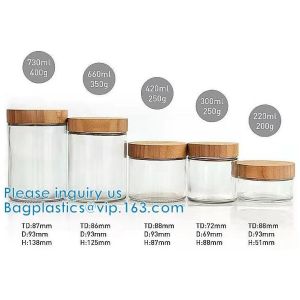 Storage Jar Container With Bamboo Wood Lid, SQUARE Glass Jars, Round Cosmetic