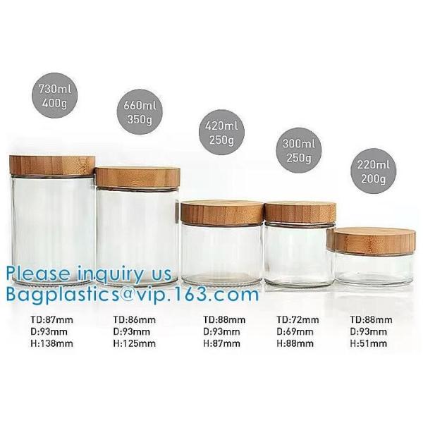 Storage Jar Container With Bamboo Wood Lid, SQUARE Glass Jars, Round Cosmetic