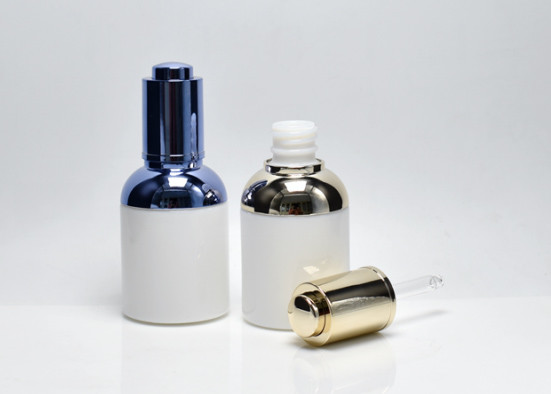 Luxury 1.7OZ 50ml Opal White Glass Bottles With Metalized Push Button Dropper