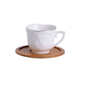 China Embossed Porcelain Cup Set White Turkish Espresso Coffee Cups With Bamboo Saucers on sale
