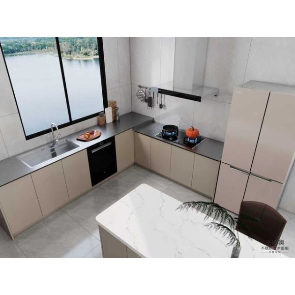 Fadior Full Stainless Steel Custom Kitchen Cabinet - Beige Tones, Open-Concept Layout with Seamless Dining Integration & Durability