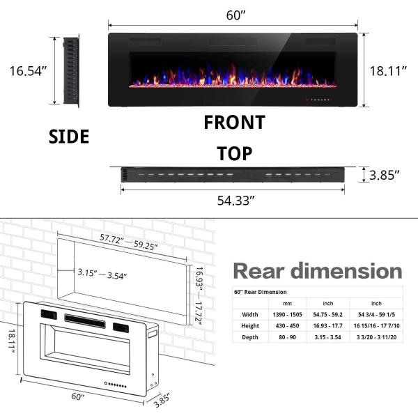 12 Bed Color Mode AJUNION 60 Inch Wall Mounted Silk Screen Printing Electric Fireplace