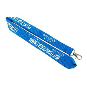 China Blue Custom Polyester Lanyard Name Badge Lanyard White Logo Metal Hook For Event on sale