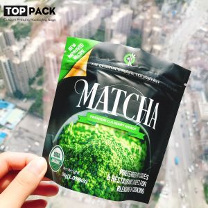 China 100g Resealable Mylar Matcha Green Tea Powder Packaging Bag Zipper Top on sale