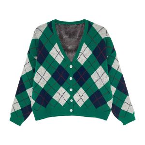 China V Neck Button Tartan Design Bespoke Sweaters Cropped Long Sleeve Knitted Sweater on sale