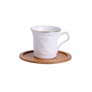 Embossed Porcelain Cup Set White Turkish Espresso Coffee Cups With Bamboo
