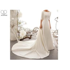 China Ivory Plain Elegant Satin Wedding Gowns Half Sleeve Backless With Big Bow on sale