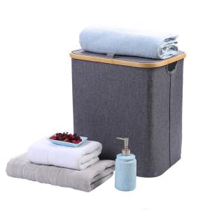 Rectangle Fiber Rod Collapsible Bamboo Laundry Hamper With Lid 40*33*45cm
