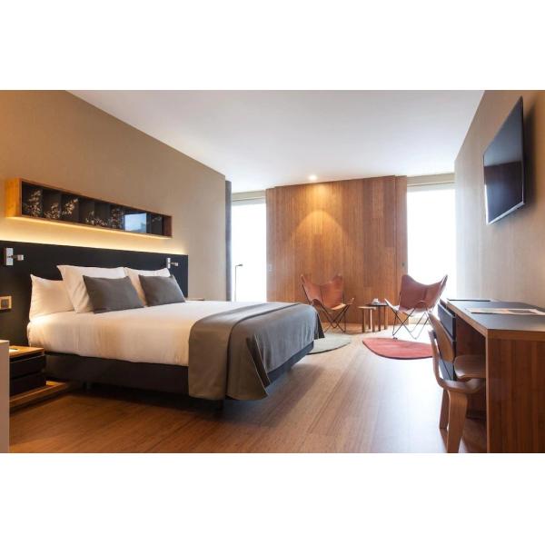 Quality Seychelles hotel new furniture supplier from China for Bedroom set by headboard with fabric bed and TV cabinet table wholesale