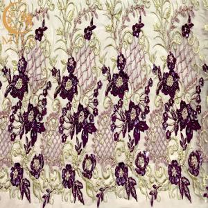 OEM African Styles Purple Applique Lace Fabric With Beads