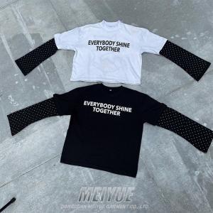 Custom Screen Print Logo Double Layer Rhinestone Long Sleeve Boxy Tshirt