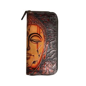 China Buddha Demon Handmade Vegetable Tanned Cowhide Carved Japanese Wallet Genuine Leather Long Zipper One Thought Handheld Wallet Clip on sale