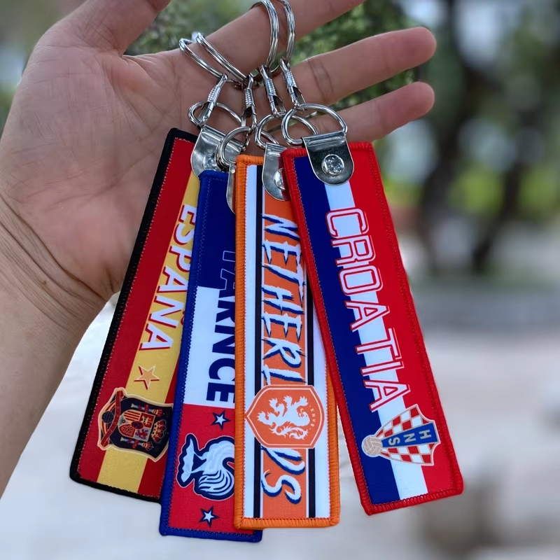 Customized Fabric Woven Keychain Ring Label Metal Custom Logo Patch Tag Luxury Embroidery Keychain