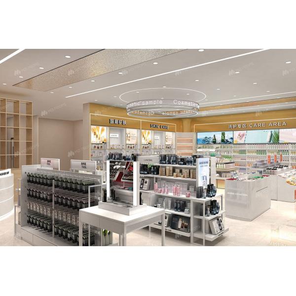 Customized Makeup Shop Interior Design White & Gold Retail Display Rack for Fashion-forward Shop Design and Cosmetic Store Display