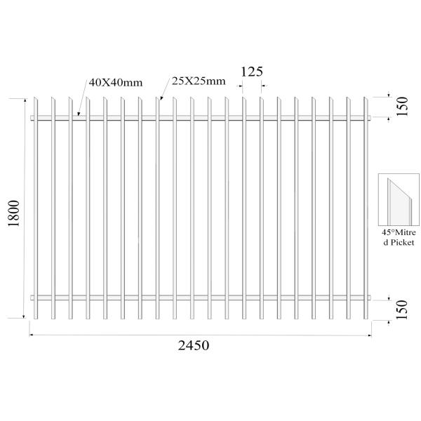 Quality Mitred 45 degree H1800mmxW2450mm 25mm picket diplomat Fencing rails 40mm wholesale