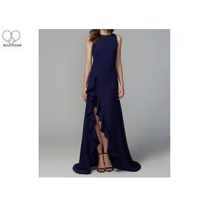 China Navy Blue Long Bridesmaid Dresses High Slit Decorative Border Zipper Elastic on sale