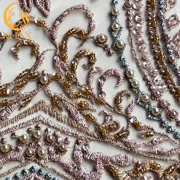 Purple 3D Beads Wedding Lace Fabrics Multicolor 91.44cm Length With Sequins