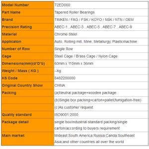 Non - standard T2ED060 Taper Roller Bearing Auto Part Bearing Single Row