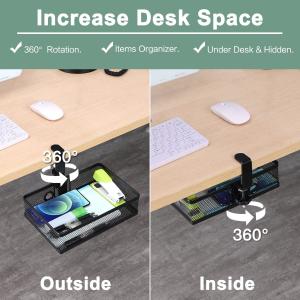 360 Degree Rotating Under Desk Organizer with Cup Holder and Clip-On Rotating