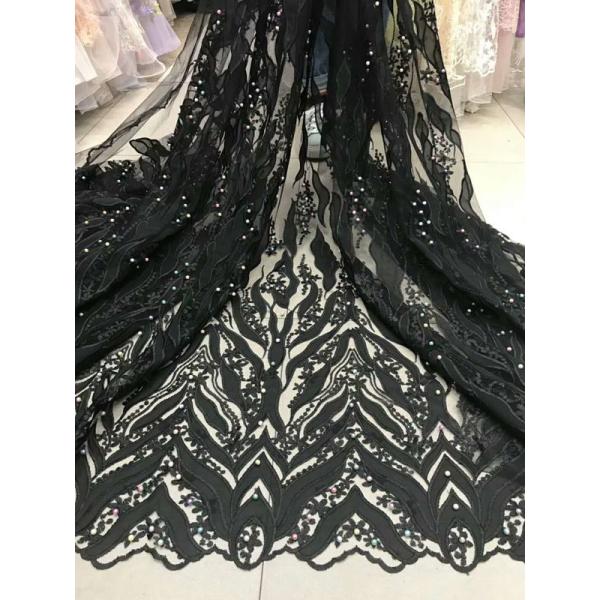 Beaded Embroidered Lace Fabric , 3D Flower Lace Mesh Fabrics For Evening Gowns