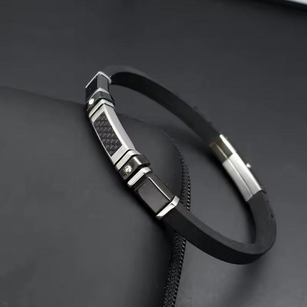Stainless Steel Soft Rubber Bracelet with Carbon Fiber Plate Punk Style White Setting CZ Silicone Luxury Men's Jewelry