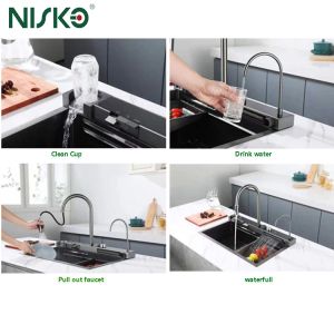 Multi Function Smart Kitchen Sink Double Bowl with Pull Out Faucet