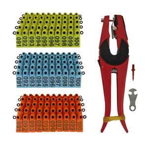 China Ear Tags For Goats Sheep Lambs Hogs set, Made Of Real TPU Material, With Applicator, Color Yellow Blue Orange, Numbered 001-100 on sale