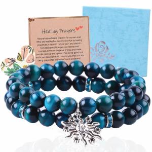 Handmade Elastic Round Turquoise Blue Tiger'S Eye Stone Beaded Stretch Bracelet