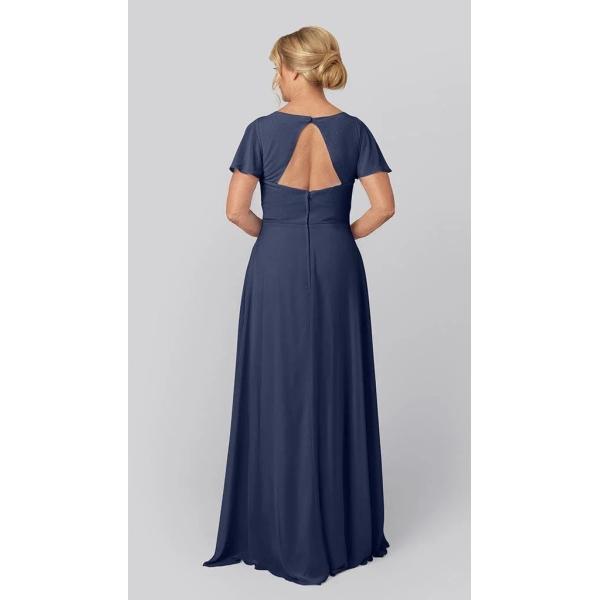 Romantic V-neckline A-line Back Keyhole Cutout Short Flutter Sleeve Zipper Navy Chiffon Mother Of The Bride Dress