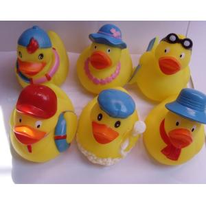 China Mini Yellow Bathtub Weighted Squeezing Rubber Ducks Surfing / Swimming Design on sale