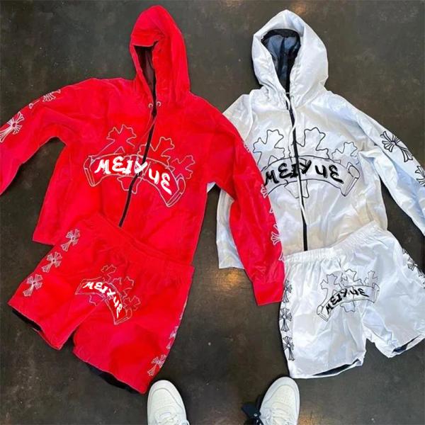 Quality Custom Double Layer Nylon Hoodies Oversized Jacket Cropped Shorts Jogging Suit Unisex Wiindbreaker Zip up Hoodie and Short Set wholesale