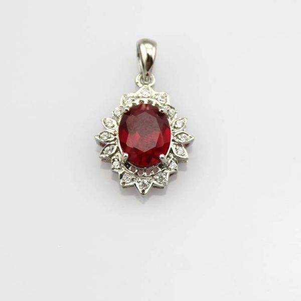 925 Silver Oval Ruby Cubic Zirconia Pendant Necklace (FP033)