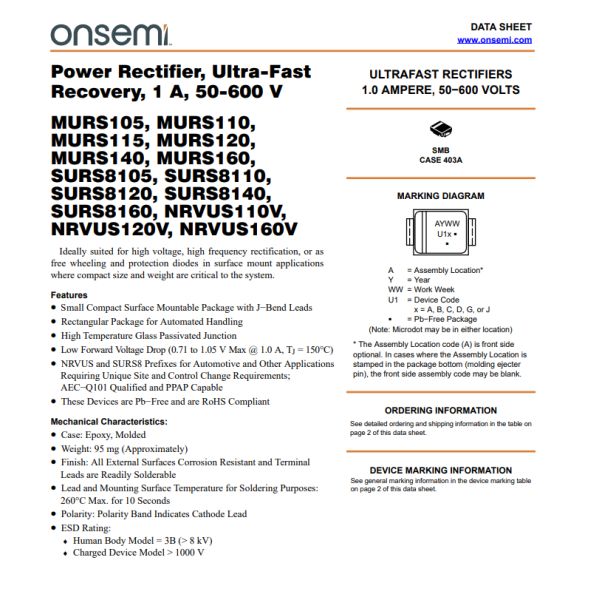 MURS140T3G Electronic Components Diode 400 V 1A Surface Mount SMB