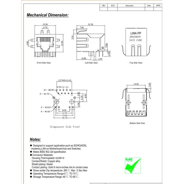 HFJ11-RP04ERL POE RJ45 Connector JH0206FR PCB modular jack 10 pin Design Service