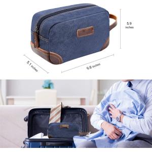 Bathroom Toiletry Travel Bag For Men , Blue Leather And Canvas Large Dopp Kit
