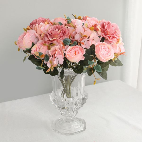 Simulated European style small handle bouquet of roses, fake flowers, living room home decoration, simulated bouquet of 6 hydrangeas, hibiscus roses