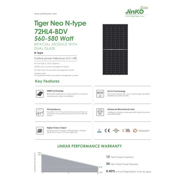 Jinko Tiger Neo N-Type 72HL4-BDV Solar Panel 560W 565W 570W 575W 580W Bifacial Module Dual Glass