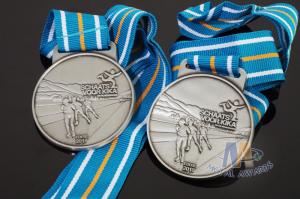 Sports Skiing Event 3D Effect Metal Award Medals With Antique Silver Plating Stripe Ribbon
