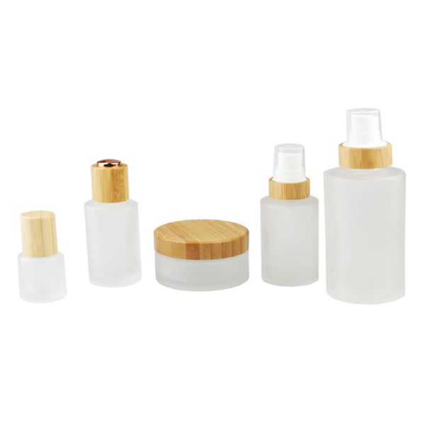 Quality Frost Glass Empty Lotion Jars , Nail Polish Cosmetic Glass Bottles With Bamboo Cap Lid wholesale
