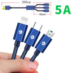 3-in-1 Fast Charge Cable USB Type C 5 Amp Data Charge Cable Braided Fabric Cord
