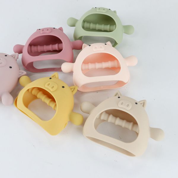Custom Various Shapes pig shape handle grip Silicone Teether for Baby with