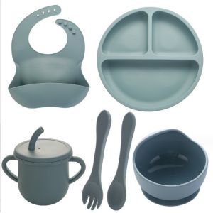 None Design Style Silicone Feeding Set Full Dinner Plate Bowl Cup Spoon Fork
